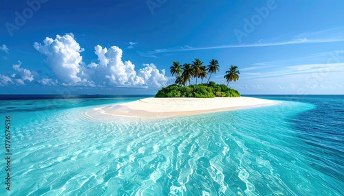 Fototapeta Naklejka Na Ścianę i Meble -  Tropical island paradise with white sand beach clear turquoise water and lush green palm trees under a bright blue sky with fluffy white clouds