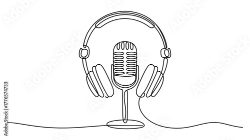 minimalist line drawing of classic microphone with over-ear headphones, continuous contour style ideal for podcast, audio, or media themes