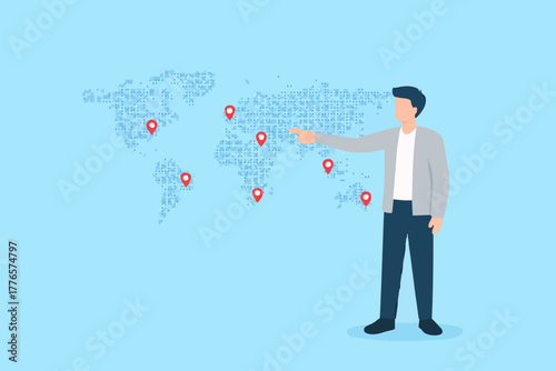 Global business expansion, open company branches, franchise in new location to cover all continent, growing business worldwide concept, businessman CEO put new branch pin on world map across globe.
