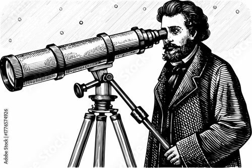 Visionary astronomer gazing through telescope, exploring the cosmos with scientific passion and dedication