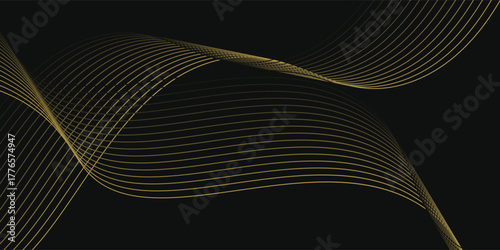 Abstract luxury with shining gold lines waves on black background. Futuristic background