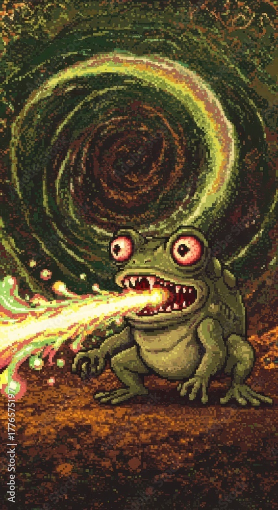 Obraz premium Grotesque amphibian creature emits a vibrant energy beam against a swirling dark backdrop