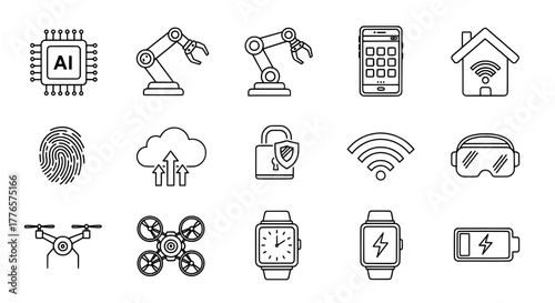 Technology icons chip robot smartwatch drone cloud ai