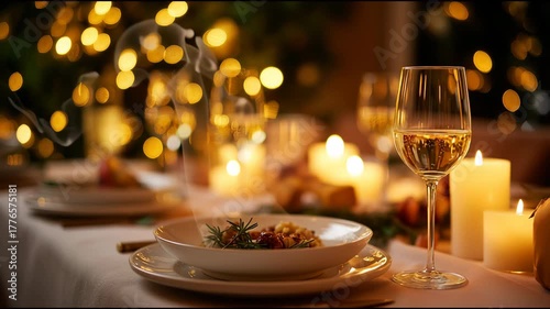 Table elegantly set for Christmas dinner in a cozy restaurant with candles and warm festive bokeh lights in the background.