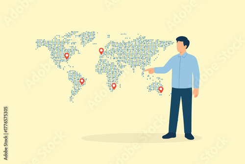 Global business expansion, open company branches, franchise in new location to cover all continent, growing business worldwide concept, businessman CEO put new branch pin on world map across globe.