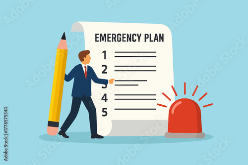 Business emergency plan concept, checklist to do in disaster, continue business and build resilience concept, smart businessman leader holding pencil with emergency plan paper flashing siren.