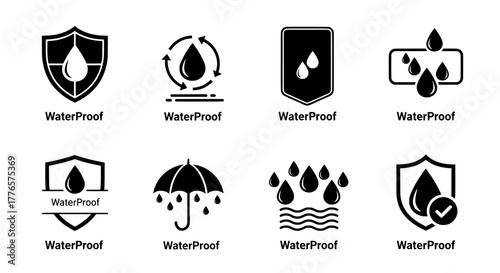 Waterproof symbols set shield drop umbrella wavy lines