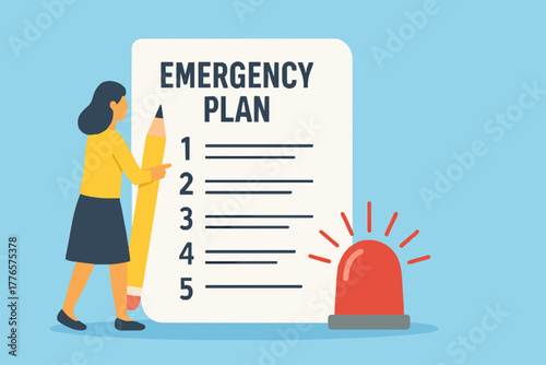 Business emergency plan concept, checklist to do in disaster, continue business and build resilience concept, smart businessman leader holding pencil with emergency plan paper flashing siren.