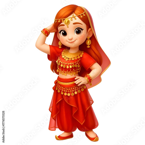 Girl in red and gold traditional attire poses confidently, wearing ornate jewelry and veil, exuding joy and elegance.esp