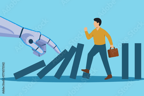 AI to disrupt human work, Artificial intelligence impact or challenge, job uncertainty future, innovation effect, AI change concept, AI robot arm push to collapse domino, businessman falling down.