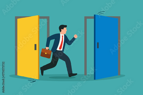 Change job, career transition or move to new opportunity, employee turnover, resignation or leave company, new job, employment, recruitment concept, businessman leave open door to new opportunity.