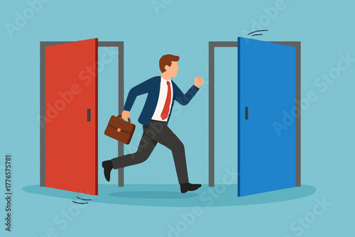 Change job, career transition or move to new opportunity, employee turnover, resignation or leave company, new job, employment, recruitment concept, businessman leave open door to new opportunity.