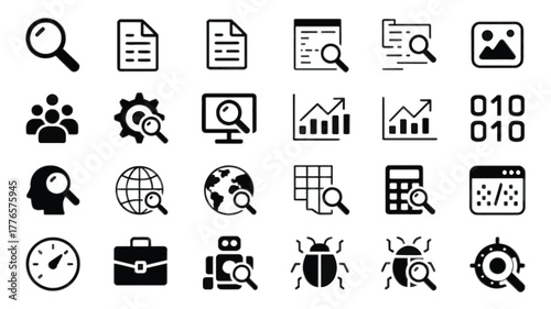 Black And White Icons For Search And Data Analysis Keywords: search, magnifying glass, document