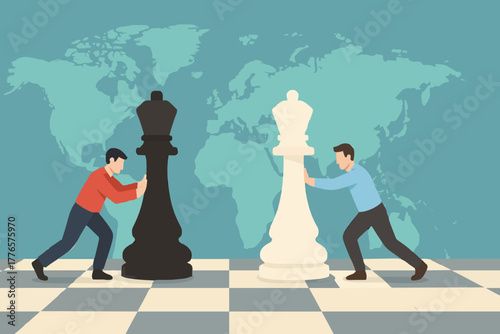 Vector concept picture of businessmen moving chess pieces on board of worldwide politics world map