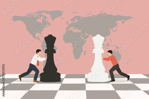 Vector concept picture of businessmen moving chess pieces on board of worldwide politics world map