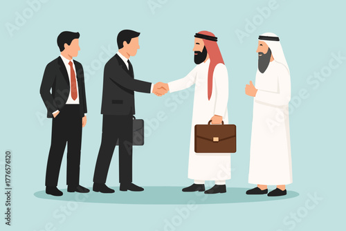 icon logo team work art design vector element Simple flat vector illustration of an Arabic businessman shake hand with western businessman