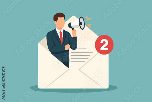 Email marketing, CRM, subscription on web and sending email newsletter for discount or promotion information concept, businessman standing in email envelope announcing promotion via megaphone.