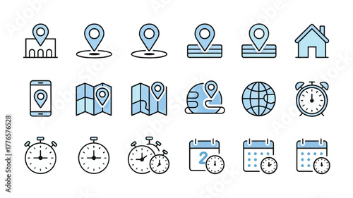 Location and Time Icons Set Blue Outline Map Pin Globe Clock Calendar Keywords: location, map
