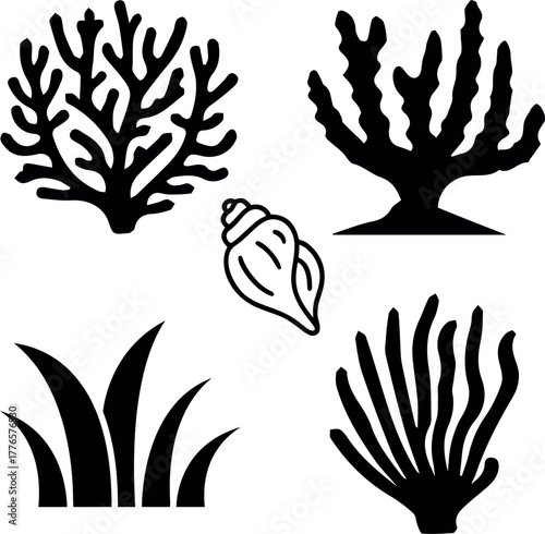 Ocean life elements silhouette design: seaweed, coral, and seashell icons, perfect for coastal themes, marine biology projects, and nautical designs