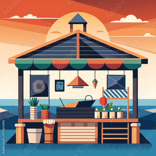 A charming outdoor market stall with colorful awnings and plants