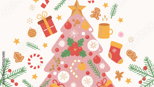 Festive christmas tree and holiday elements including gifts ornaments and gingerbread cookies scattered around silhouette