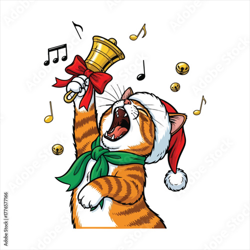 Joyful tabby cat wearing santa hat and scarf sings carols with a bell.