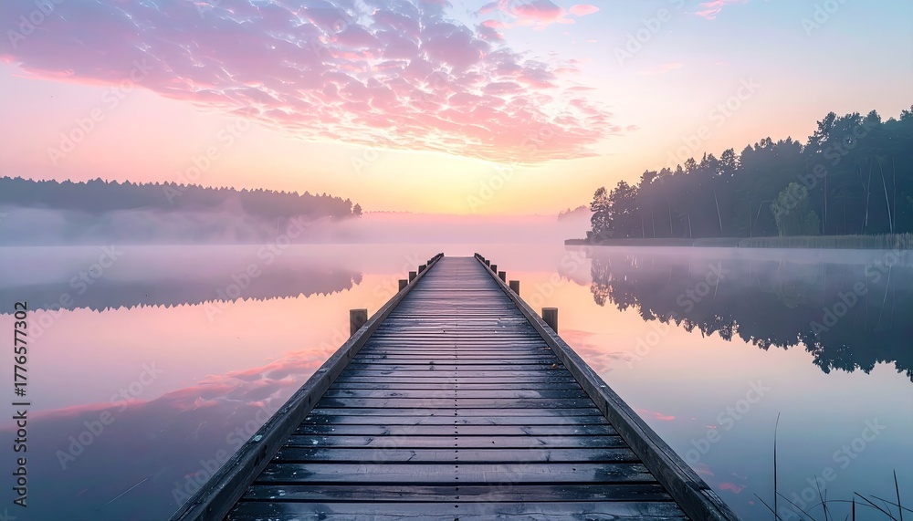 Fototapeta premium Wooden Pier Stretching Into Calm Lake at Sunrise with Pink and Orange Sky and Misty Forest Background