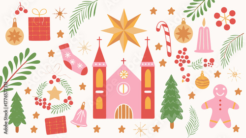 Festive christmas themed pattern with church, ornaments, gifts, and other holiday decorations spread out silhouette