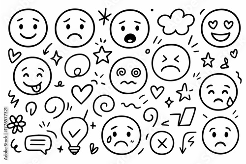 Hand-drawn doodle vector collection of Emotive Faces & Fun Sketch Symbols, created in a playful hand-drawn doodle style with expressive black outlines, isolated on white background
