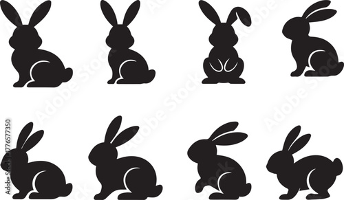 A Set of Black rabbit silhouettes in various poses, vector collection