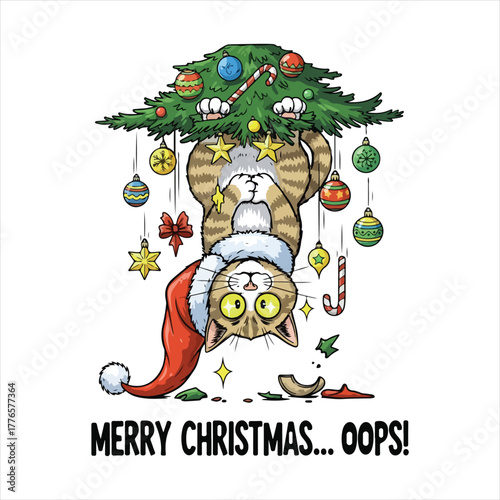 Funny tabby cat wearing santa hat upside down in christmas tree.