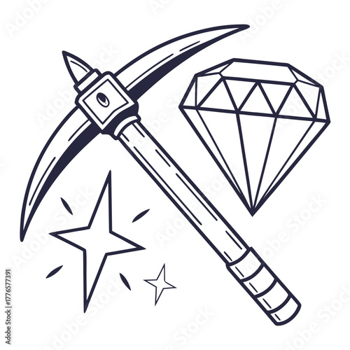 Line art illustration of a pickaxe and a diamond, representing mining and the pursuit of valuable resources