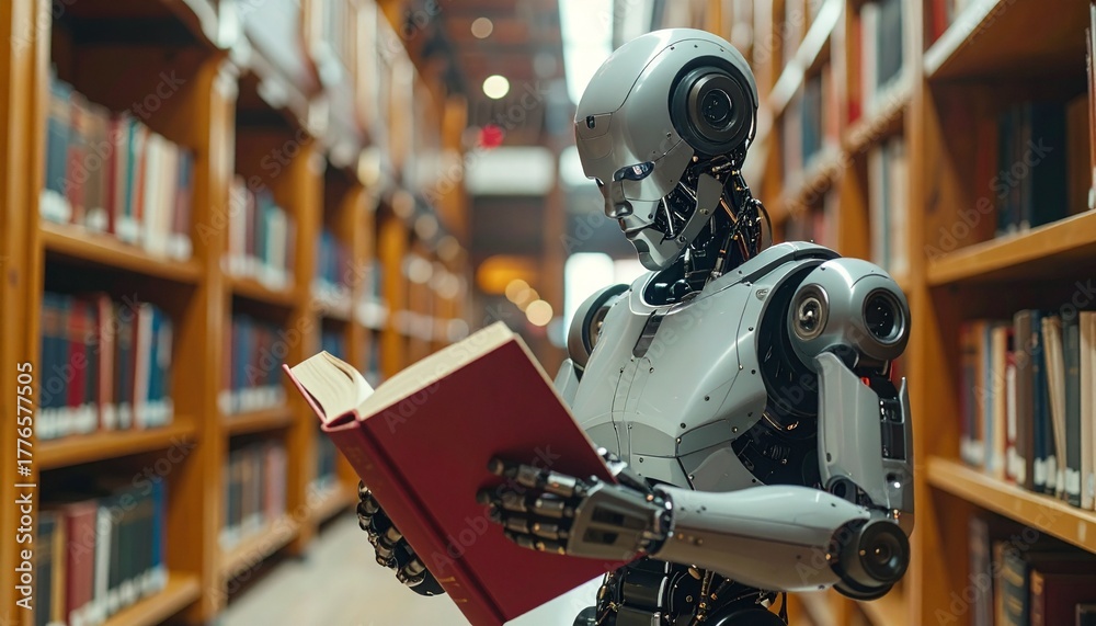 Fototapeta premium A black robotic cyborg head with a white mask sits on old books in a futuristic library, isolated against a metal and artificial background
