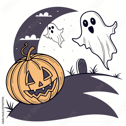 A spooky halloween scene featuring a jackolantern, ghosts, and a tombstone