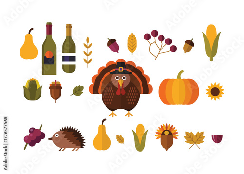 Festive Thanksgiving Celebration with Traditional Elements in Flat Vector Design a Gathering of Autumn Harvest Bounty and Holiday Cheer
