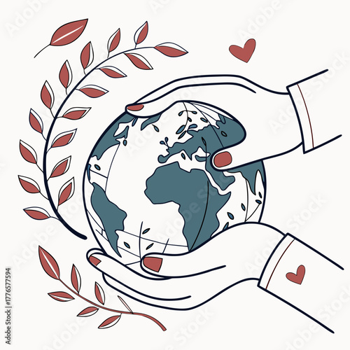 Illustration of hands holding the earth, symbolizing care and environmental protection