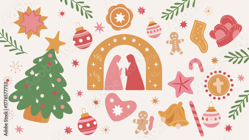Illustration of christmas nativity scene with tree ornaments and gingerbread cookies on a white background silhouette