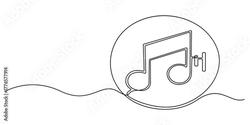 A continuous one line drawing features an abstract background of music notes, presented as a simple and elegant vector illustration. This minimalist outline sketch captures the essence of sound.