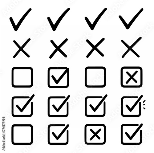 Hand-drawn doodle vector set of check marks, colorful crosses, and tick boxes, created in a casual sketchy playful style, isolated on white background
