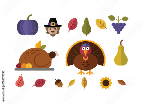 Flat Design Thanksgiving Elements Vector Illustration Celebrating Autumn Harvest and Holiday Festivities Featuring Roasted Turkey Pumpkin and Fall Foliage