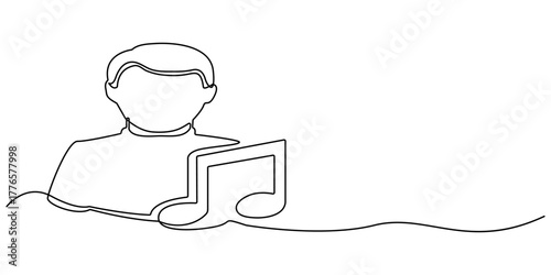A continuous one line drawing features an abstract background of music notes, presented as a simple and elegant vector illustration. This minimalist outline sketch captures the essence of sound.