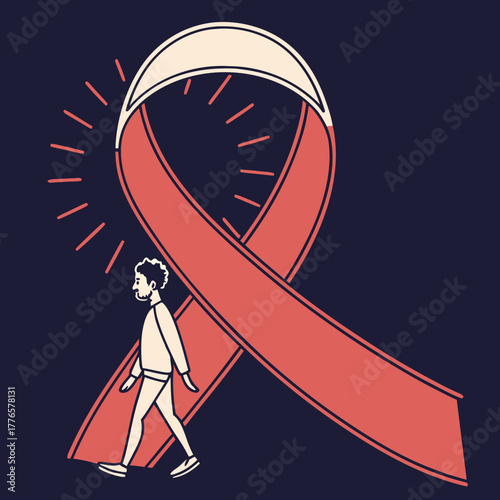 Person walking under aids awareness ribbon, symbolizing support and hope