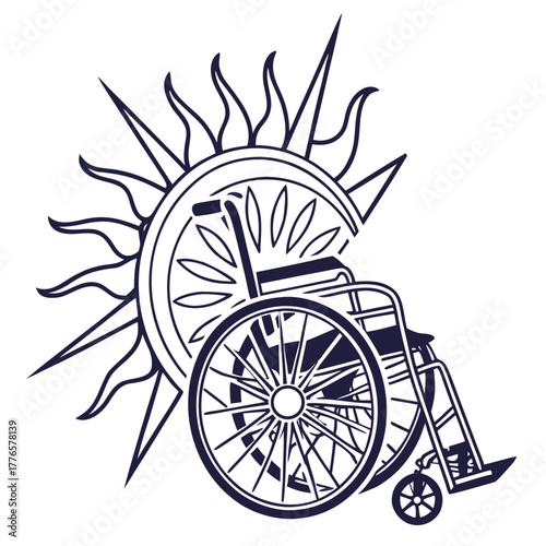 Illustration of a wheelchair in front of a sun, symbolizing disability awareness and support for accessibility