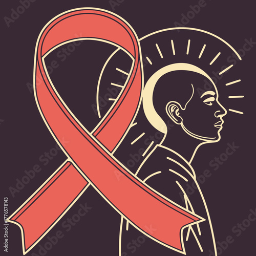 Illustration of a bald person with a halo standing behind a red ribbon, symbolizing hiv and aids awareness