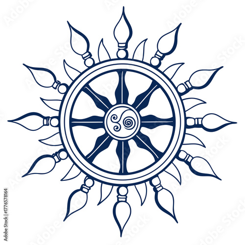 Illustration of a dharma wheel, symbolizing buddhism, dharma, and the path to enlightenment and spiritual growth