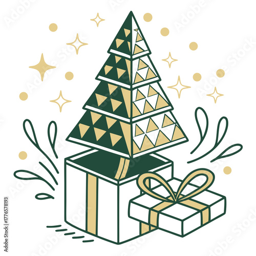 Festive christmas tree popping out of a gift box with stars