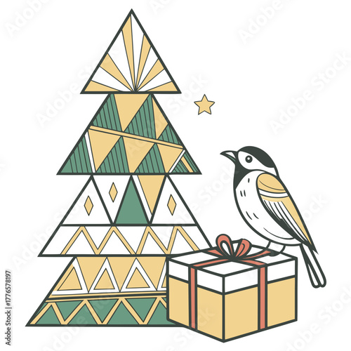 Cute bird sitting on a gift box next to a christmas tree
