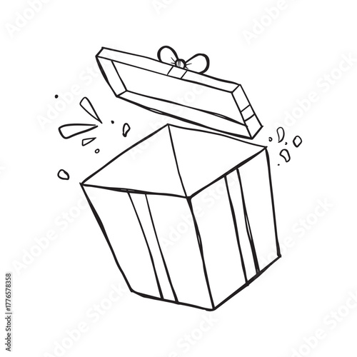 Black and white line art drawing of an open gift box with a bow on the lid, revealing a surprise.