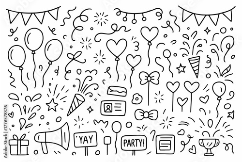 Hand-drawn doodle vector set of festive props and decorations, illustrated in a joyful sketchy playful style, isolated on white background
