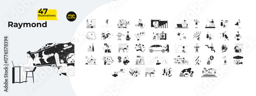 Caucasian male character with creative, business, lifestyle outline illustrations mega bundle. Job seeker, telework, influencer 2D linear images isolated. Collection black and white vector drawings